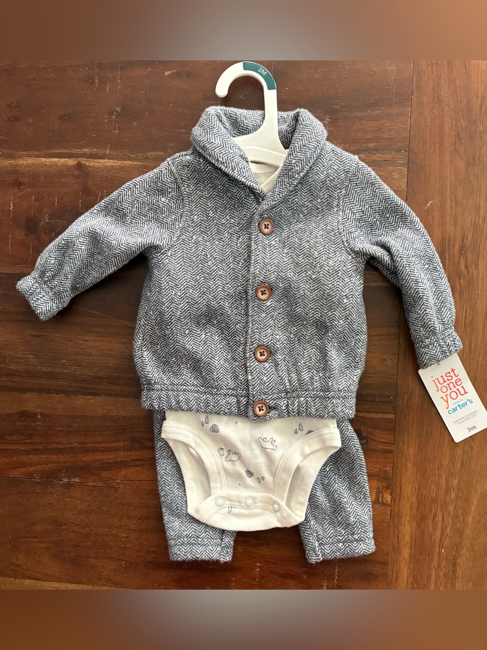 Carter's Gray Herringbone Hoodie, Pants & Printed Bodysuit Set